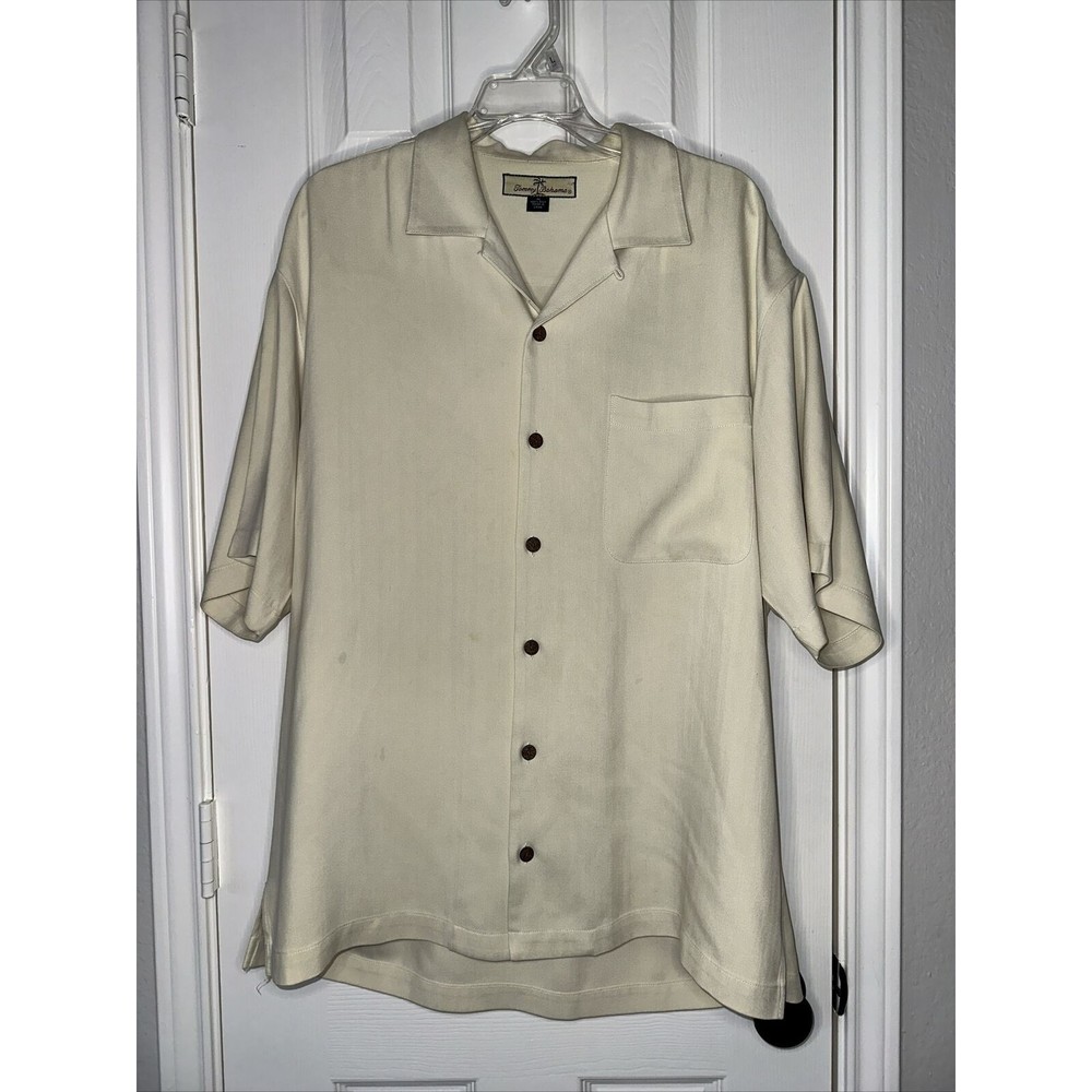 Tommy Bahama Men's M Cream Silk Paradise Beach Short Sleeve Camp Shirt